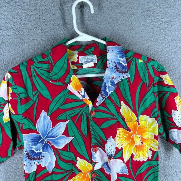 Surf Line Hawaii Shirt Mens M Red Hawaiian Floral Short Sleeve Button‎ Vintage - Picture 2 of 12